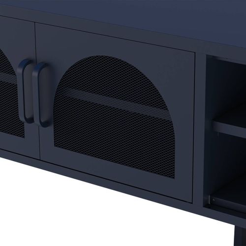 Meuble TV 160 Cm 2 Portes Ajourées 2 Niches En Métal Bleu Foncé - Olivia