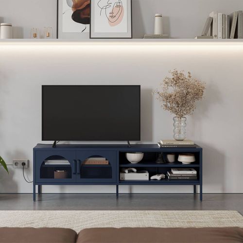 Meuble TV 160 Cm 2 Portes Ajourées 2 Niches En Métal Bleu Foncé - Olivia