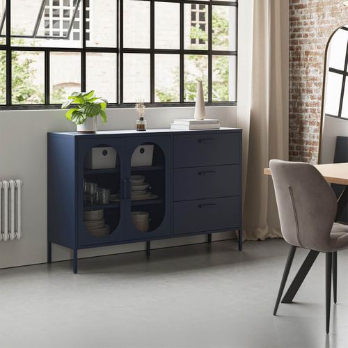 Buffet 2 Portes Ajourées 3 Tiroirs En Métal Bleu Foncé - Olivia