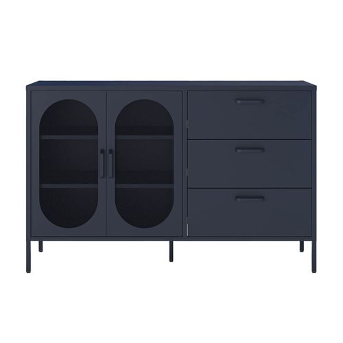 Buffet 2 Portes Ajourées 3 Tiroirs En Métal Bleu Foncé - Olivia
