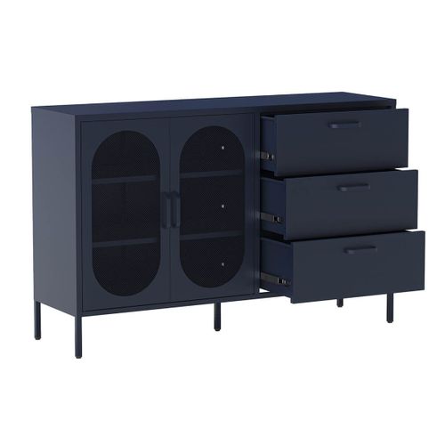 Buffet 2 Portes Ajourées 3 Tiroirs En Métal Bleu Foncé - Olivia