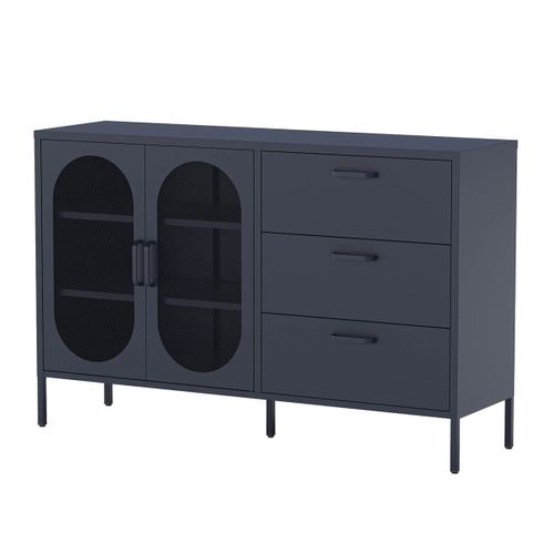 Buffet 2 Portes Ajourées 3 Tiroirs En Métal Bleu Foncé - Olivia