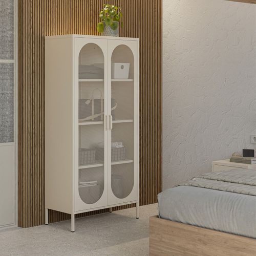 Meuble Haut 2 Portes Ajourées En Métal Crème - Olivia