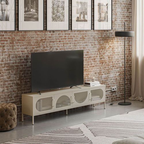 Meuble TV 180 Cm 4 Portes Ajourées En Métal Crème - Liovia