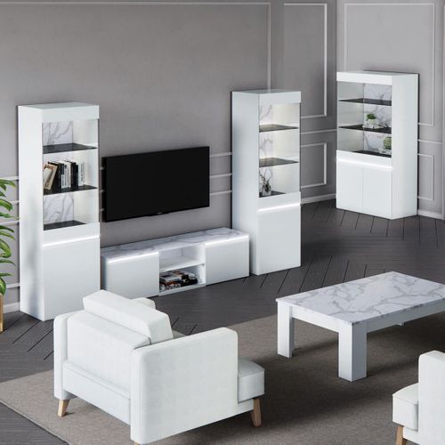 Vitrine 1 Porte Laquée Blanc Brillant Fond Imitation Marbre Avec LED - Chris White