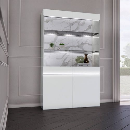 Vitrine 2 Portes Laquée Blanc Brillant Fond Imitation Marbre Avec LED - Chris White