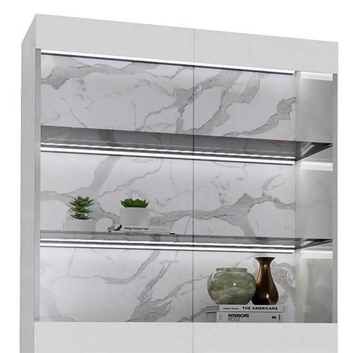 Vitrine 2 Portes Laquée Blanc Brillant Fond Imitation Marbre Avec LED - Chris White