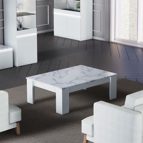 Table Basse Laquée Blanc Brillant Plateau Imitation Marbre - Chris White