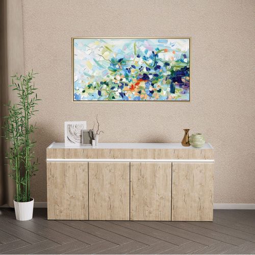 Buffet 4 Portes Laqué Blanc Brillant Et Aspect Bois Avec LED - Chris Oak