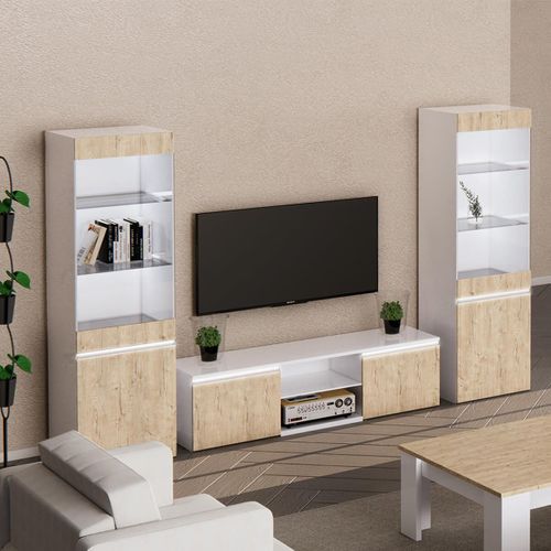 Vitrine 1 Porte Laquée Blanc Brillant Aspect Bois Avec LED - Chris Oak