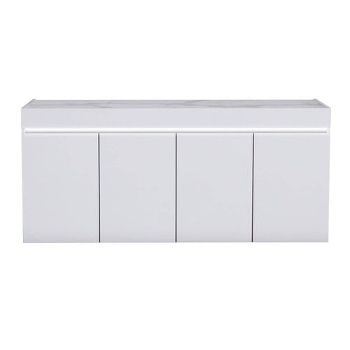 Séjour Table + Buffet Laqué Blanc Brillant Et Imitation Marbre - Chris White