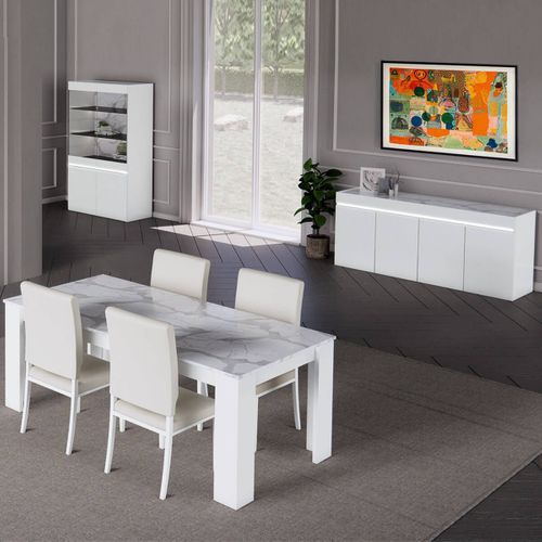 Séjour Complet Avec Vitrine 2p Laqué Blanc Brillant Et Imitation Marbre - Chris White