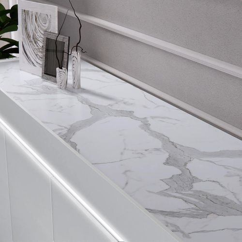 Séjour Complet Avec Vitrine 2p Laqué Blanc Brillant Et Imitation Marbre - Chris White