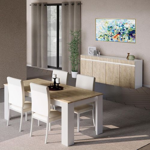 Séjour Table + Buffet Laqué Blanc Brillant Aspect Bois - Chris Oak