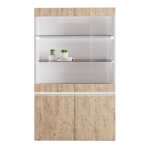 Séjour Complet Avec Vitrine 2p Laqué Blanc Brillant Aspect Bois - Chris Oak