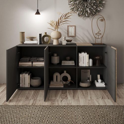 Buffet 3 Portes Gris Anthracite Et Aspect Bois Finition Cadiz - Vesuvio Titane