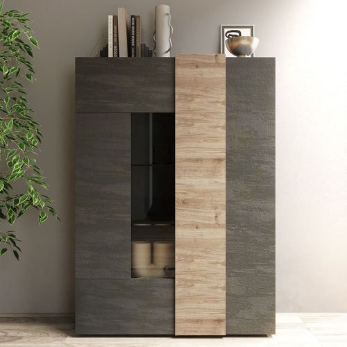 Vitrine 2 Portes Gris Anthracite Et Aspect Bois Finition Cadiz - Vesuvio Titane