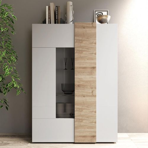 Vitrine 2 Portes Laqué Blanc Et Aspect Bois Finition Cadiz - Vesuvio Blanc