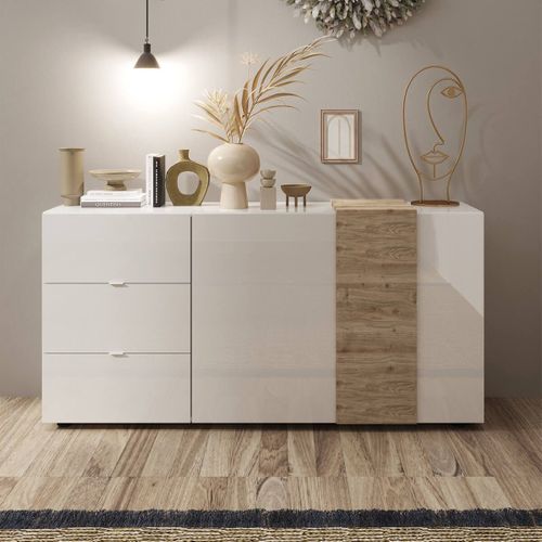 Buffet 2 Portes 3 Tiroirs Laqué Blanc Et Aspect Bois Finition Cadiz - Vesuvio Blanc