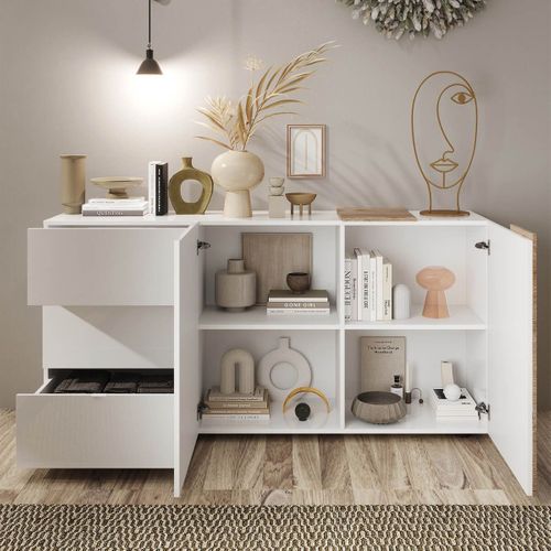 Buffet 2 Portes 3 Tiroirs Laqué Blanc Et Aspect Bois Finition Cadiz - Vesuvio Blanc