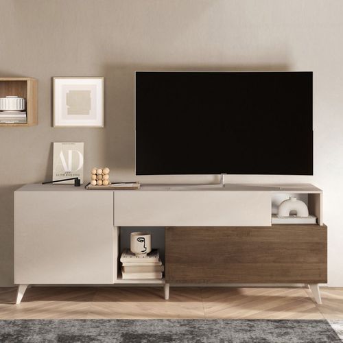 Meuble TV 2 Portes 2 Tiroirs Laqué Beige Et Aspect Bois Finition Mercure - Carlo