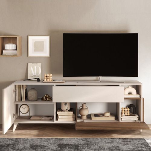 Meuble TV 2 Portes 2 Tiroirs Laqué Beige Et Aspect Bois Finition Mercure - Carlo