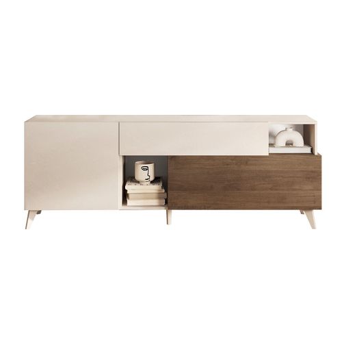 Meuble TV 2 Portes 2 Tiroirs Laqué Beige Et Aspect Bois Finition Mercure - Carlo