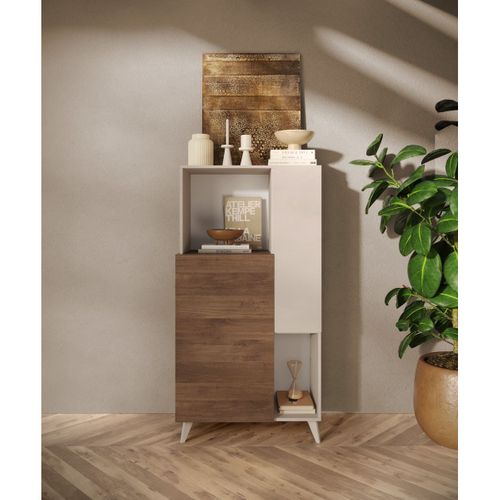 Rangement 2 Portes 2 Niches Laqué Beige Et Aspect Bois Finition Mercure - Carlo