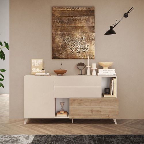 Buffet 2 Portes 2 Tiroirs Laqué Beige Et Aspect Bois Finition Cadiz - Carlo
