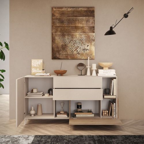 Buffet 2 Portes 2 Tiroirs Laqué Beige Et Aspect Bois Finition Cadiz - Carlo