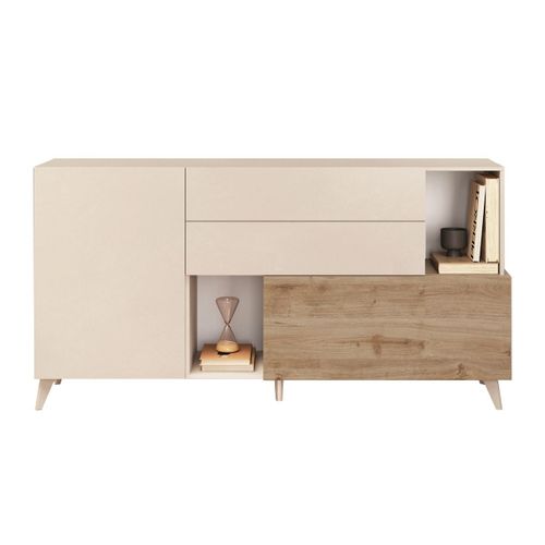 Buffet 2 Portes 2 Tiroirs Laqué Beige Et Aspect Bois Finition Cadiz - Carlo