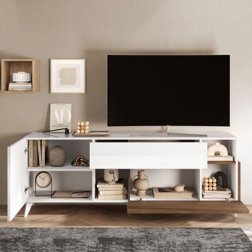 Meuble TV 2 Portes 1 Tiroir Laqué Blanc Et Aspect Bois Finition Mercure - Carlo