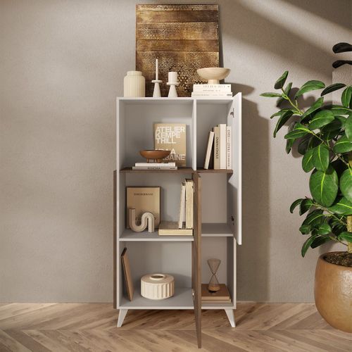 Rangement 2 Portes 2 Niches Laqué Blanc Et Aspect Bois Finition Mercure - Carlo