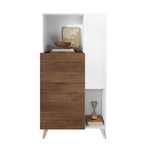 Rangement 2 Portes 2 Niches Laqué Blanc Et Aspect Bois Finition Mercure - Carlo