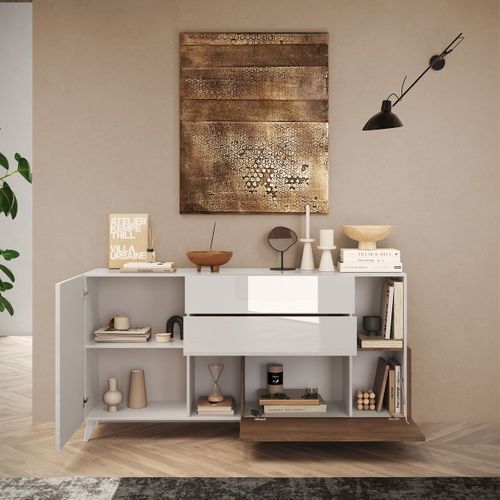 Buffet 2 Portes 2 Tiroirs Laqué Blanc Et Aspect Bois Finition Mercure - Carlo