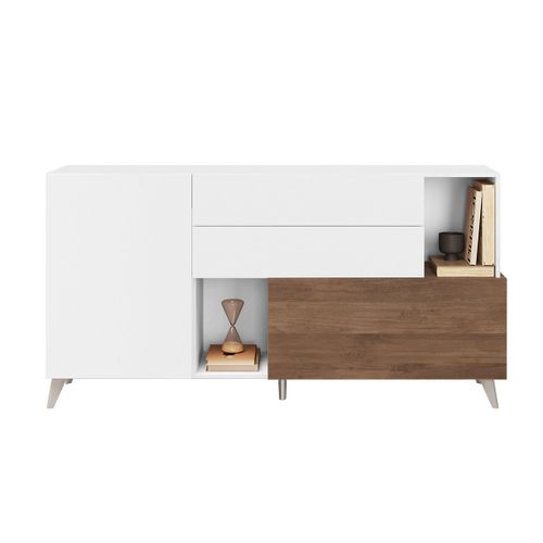 Buffet 2 Portes 2 Tiroirs Laqué Blanc Et Aspect Bois Finition Mercure - Carlo