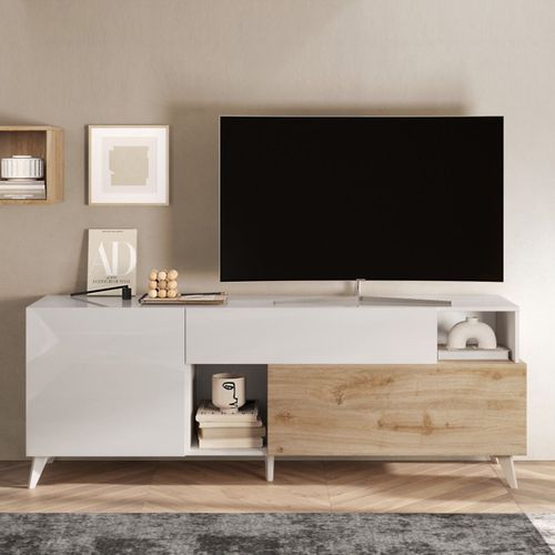Meuble TV 2 Portes 1 Tiroir Laqué Blanc Et Aspect Bois Finition Cadiz - Carlo