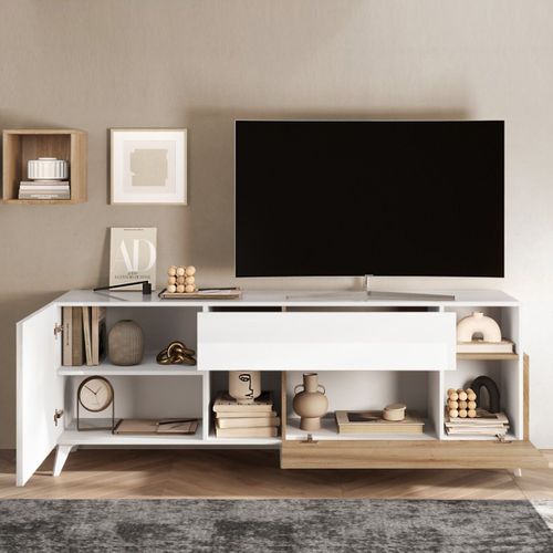 Meuble TV 2 Portes 1 Tiroir Laqué Blanc Et Aspect Bois Finition Cadiz - Carlo