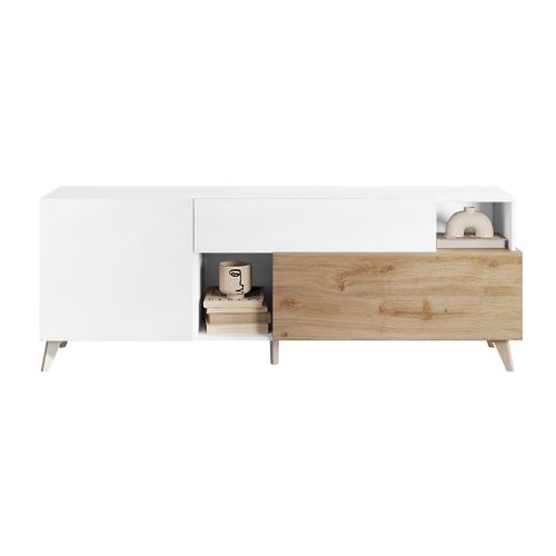 Meuble TV 2 Portes 1 Tiroir Laqué Blanc Et Aspect Bois Finition Cadiz - Carlo