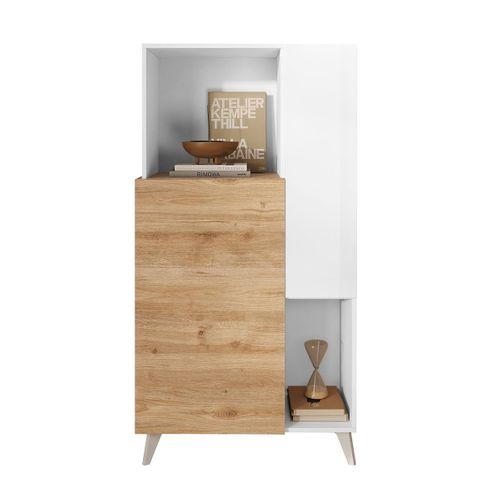 Rangement 2 Portes 2 Niches Laqué Blanc Et Aspect Bois Finition Cadiz - Carlo