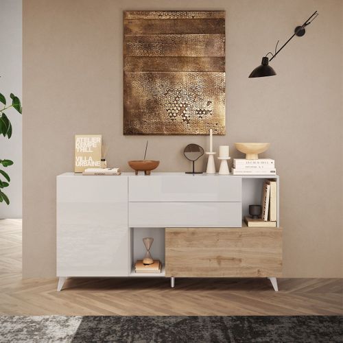 Buffet 2 Portes 2 Tiroirs Laqué Blanc Et Aspect Bois Finition Cadiz - Carlo