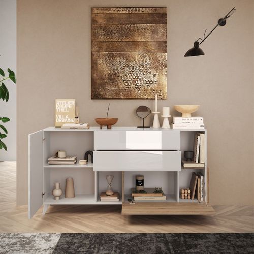 Buffet 2 Portes 2 Tiroirs Laqué Blanc Et Aspect Bois Finition Cadiz - Carlo