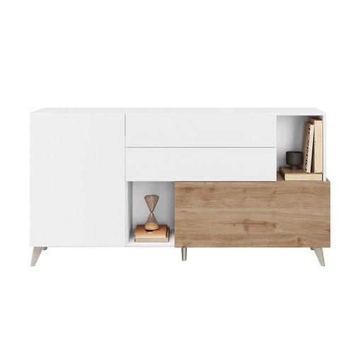 Buffet 2 Portes 2 Tiroirs Laqué Blanc Et Aspect Bois Finition Cadiz - Carlo