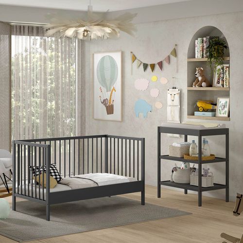 Ensemble Lit Bébé Evolutif + Table à Langer En Hêtre Massif Laqué Anthracite - Eliott