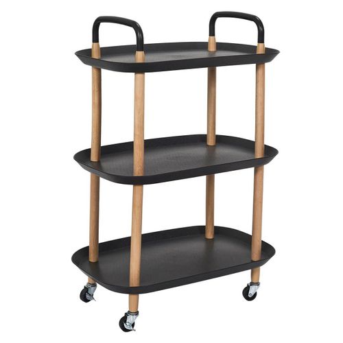 Desserte Sur Roulettes En Métal Imitation Bois Et Plateaux En Plastique Noirs - Kalio
