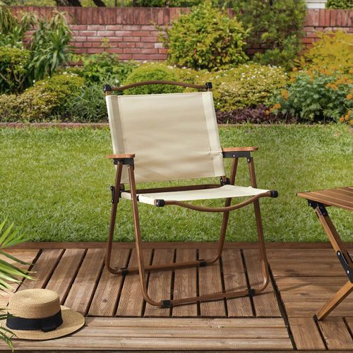 Chaise Pliante De Camping En Métal Imitation Bois Et Toile Beige - Kampa