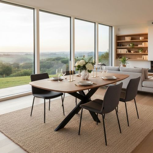Table Repas 200cm Plateau Ovale En Acacia Massif Pieds Métal Noir - Romane