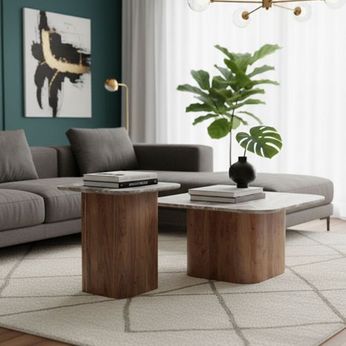 Lot De 2 Tables Basses Plateau Marbre Naturel Piètement Acacia - Angele