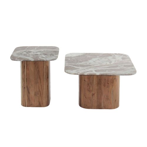 Lot De 2 Tables Basses Plateau Marbre Naturel Piètement Acacia - Angele