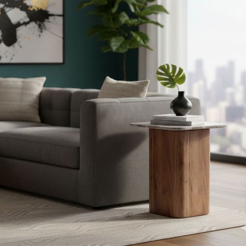 Bout De Canapé Plateau Marbre Naturel Piètement Acacia - Angele